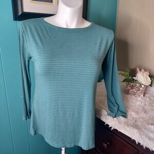 Cutloose Top Oversized S Green Stripe Boat Neck Stretch 3/4 Sleeve Casual Blouse